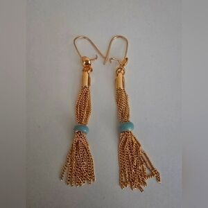 21kgp Dubai Jewelry- Elegant Gold Tassel Earrings with Blue Accent